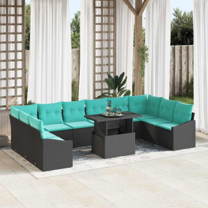 vidaXL Bankstel met kussen 11 pcs Zwart en Blauw poly rattan