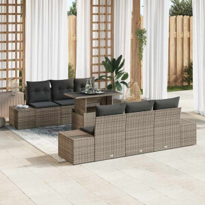 vidaXL Bankstel met kussen 7 pcs Grijs poly rattan