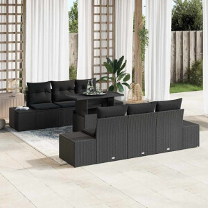 vidaXL Bankstel met kussen 7 pcs Zwart poly rattan