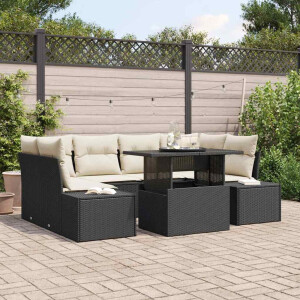 vidaXL Bankstel met kussen 7 pcs Zwart en Crème poly rattan