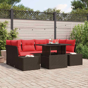 vidaXL Bankstel met kussen 7 pcs Bruin en Rood poly rattan
