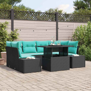 vidaXL Bankstel 7 st 6-Aantal zitplaatsen Zwart en Blauw poly rattan