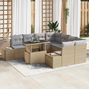 vidaXL Bankstel met kussen 9 pcs Beige en Licht Grijs poly rattan