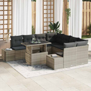 vidaXL Bankstel met kussen 9 pcs Lichtgrijs poly rattan