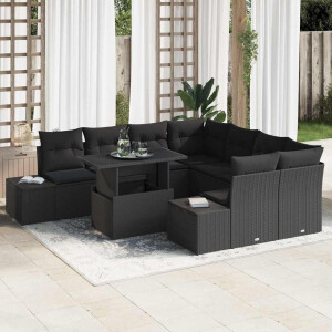 vidaXL Bankstel met kussen 9 pcs Zwart poly rattan