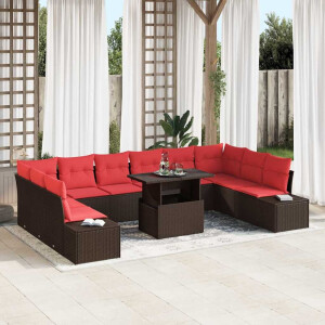 vidaXL Tuin Sofa Set met kussen 11 pcs Bruin en Rood poly rattan