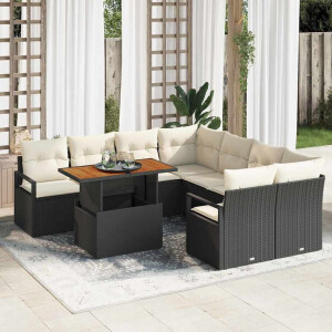 vidaXL Tuin Eetset met kussen 9 pcs Zwart en Crème