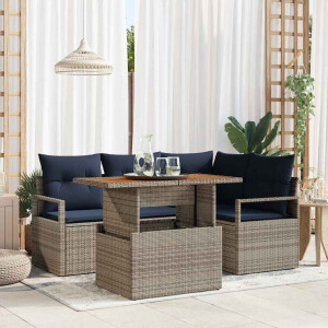 vidaXL Tuin Eetset met kussen 5 pcs Grijs en Marineblauw