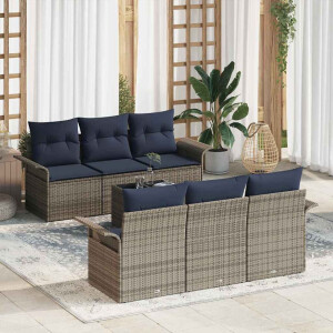 vidaXL Tuin Sofa Set met kussen met opslag 7 pcs Grijs en Marineblauw