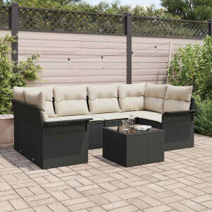 vidaXL Tuin Sofa Set 7 pcs Zwart en Crème Poly rattan, staal en glas