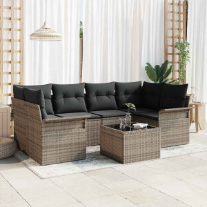 vidaXL Tuin Sofa Set met kussen 7 pcs Grijs Poly rattan, staal en glas