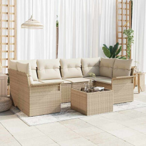 vidaXL 7-delige tuinset met beige kussens van poly rattan.