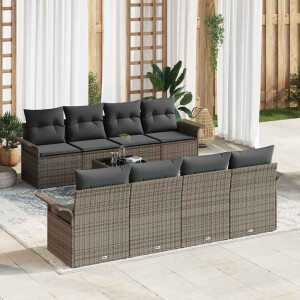 vidaXL Tuin Sofa Set met kussen 9 pcs Grijs Poly rattan, staal en glas
