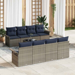vidaXL Tuin Sofa Set met kussen 9 pcs Grijs en Marineblauw poly rattan