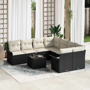 vidaXL Tuin Sofa Set 9 pcs Zwart en Crème Poly rattan, staal en glas
