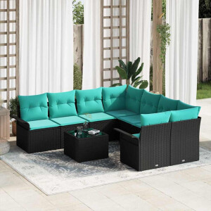 vidaXL Tuin Sofa Set met kussen 9 pcs Zwart en Turquoise poly rattan