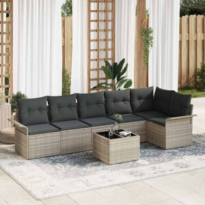 vidaXL Tuin Sofa Set met kussen met opslag 7 pcs Lichtgrijs Poly riet