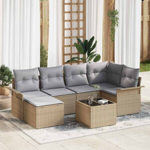 vidaXL Tuin Sofa Set met kussen met opslag 7 pcs Beige Poly riet