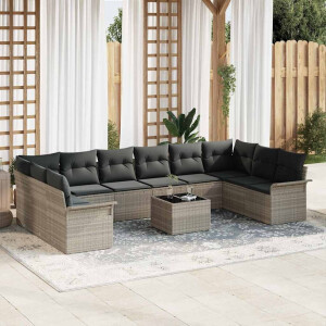 vidaXL Tuin Sofa Set met kussen met opslag 11 pcs Grijs Poly riet