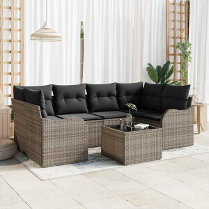 vidaXL Tuin Sofa Set met kussen 7 pcs Grijs Poly rattan, staal en glas