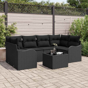 vidaXL Tuin Sofa Set met kussen 7 pcs Zwart Poly rattan, staal en glas