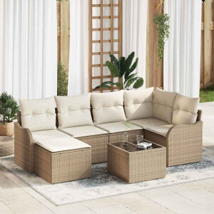 vidaXL Tuin Sofa Set met kussen 7 pcs Beige en wit Poly riet