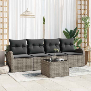 vidaXL Tuin Sofa Set met kussen 5 pcs Grijs Poly rattan, staal en glas