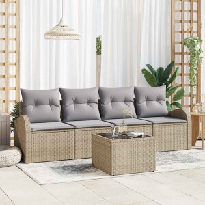 vidaXL Tuin Sofa Set 5 pcs Beige en Grijs Poly rattan, staal en glas