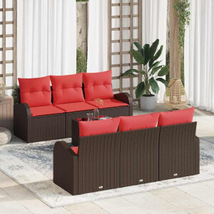 vidaXL Tuin Sofa Set met opslag 7 pcs Beige en Rood poly rattan