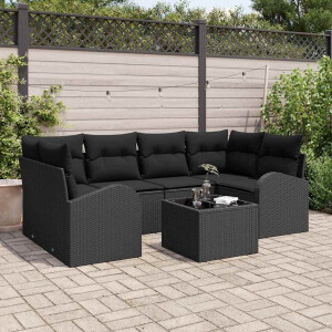 vidaXL Tuin Sofa Set met kussen 7 pcs Zwart Poly rattan, staal en glas