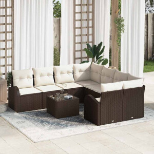 vidaXL Bankstel met kussen met opslag 9 pcs Bruin en Crème poly rattan
