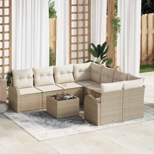 vidaXL Bankstel met kussen met opslag 9 pcs Beige en Crème poly rattan