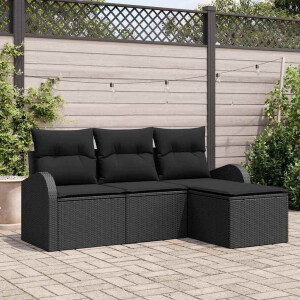 vidaXL Bankstel met kussen met opslag 4 pcs Zwart poly rattan