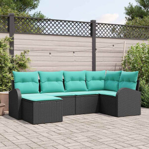 vidaXL Bankstel met kussen 6 pcs Zwart en Turquoise poly rattan
