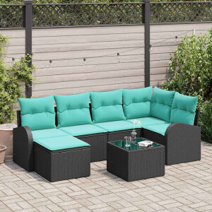 vidaXL Bankstel met kussen 7 pcs Zwart en Turquoise poly rattan