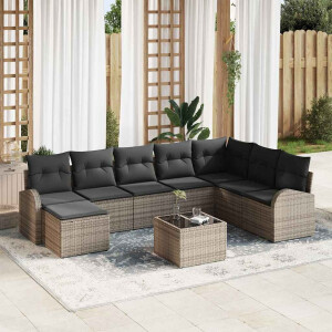 vidaXL Bankstel met kussen met opslag 9 pcs Grijs poly rattan