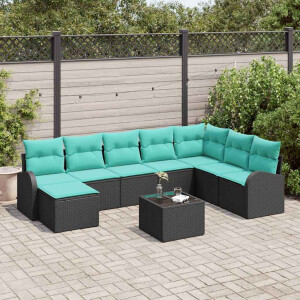 vidaXL Bankstel met kussen 9 pcs Zwart en Turquoise poly rattan