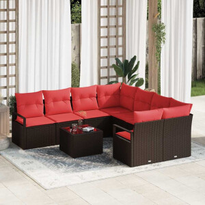 vidaXL Bankstel met kussen met opslag 9 pcs Beige en Rood poly rattan