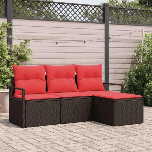 vidaXL Bankstel met kussen met opslag 4 pcs Bruin en Rood poly rattan
