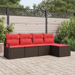 vidaXL Bankstel met kussen met opslag 5 pcs Bruin en Rood poly rattan