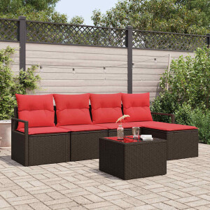 vidaXL Bankstel met kussen met opslag 6 pcs Bruin en Rood poly rattan