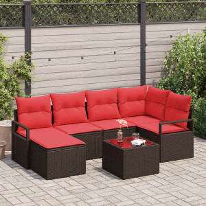 vidaXL Bankstel met kussen met opslag 7 pcs Bruin en Rood poly rattan