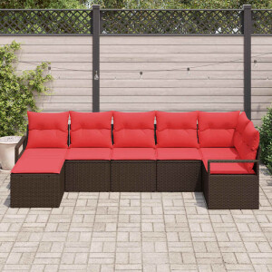 vidaXL Bankstel met kussen met opslag 7 pcs Bruin en Rood poly rattan