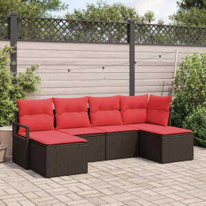 vidaXL Bankstel met kussen met opslag 6 pcs Bruin en Rood poly rattan