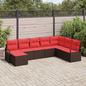 vidaXL Bankstel met kussen met opslag 8 pcs Bruin en Rood poly rattan