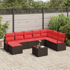 vidaXL Bankstel met kussen met opslag 9 pcs Bruin en Rood poly rattan
