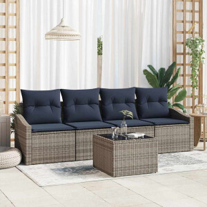 vidaXL Bankstel met kussen 5 pcs Grijs en Marineblauw poly rattan