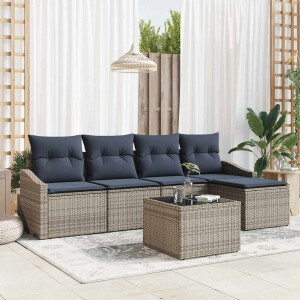 vidaXL Bankstel met kussen 6 pcs Grijs en Marineblauw poly rattan