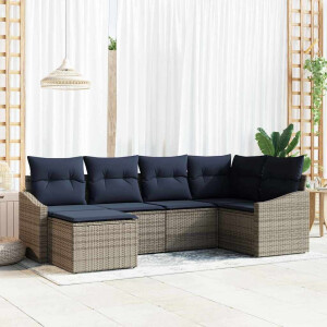 vidaXL Bankstel met kussen 6 pcs Grijs en Marineblauw poly rattan
