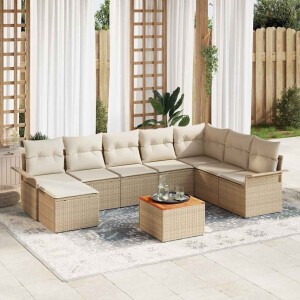 vidaXL 9-delige tuinsofa set met kussens in het beige, van poly rattan en acacia.